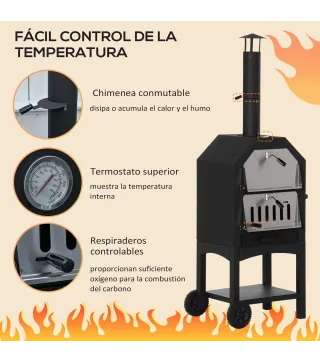 Horno de Pizza de Leña con 2 Capas Horno Exterior con Ruedas Cajón Estante de Almacenamiento 64x54x160 cm Negro