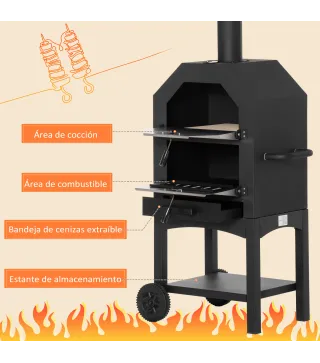 Horno de Pizza de Leña con 2 Capas Horno Exterior con Ruedas Cajón Estante de Almacenamiento 64x54x160 cm Negro