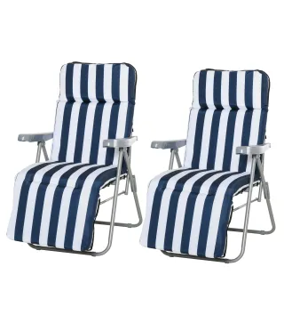 2 Tumbonas de Jardín de Acero con Cojín Acolchado Respaldo Ajustable y Reposapiés 60x75x66-102 cm Azul y Blanco