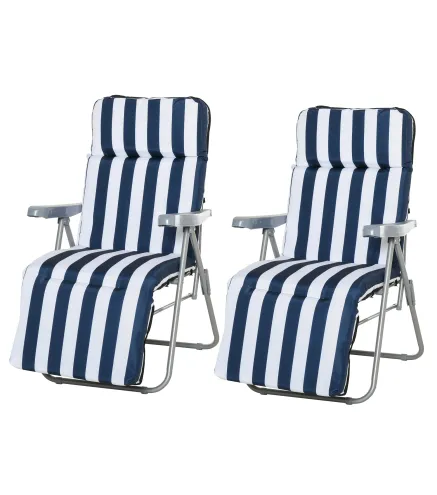 2 Tumbonas de Jardín de Acero con Cojín Acolchado Respaldo Ajustable y Reposapiés 60x75x66-102 cm Azul y Blanco