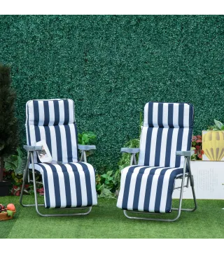 2 Tumbonas de Jardín de Acero con Cojín Acolchado Respaldo Ajustable y Reposapiés 60x75x66-102 cm Azul y Blanco