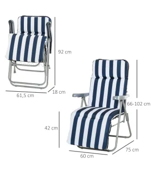 2 Tumbonas de Jardín de Acero con Cojín Acolchado Respaldo Ajustable y Reposapiés 60x75x66-102 cm Azul y Blanco