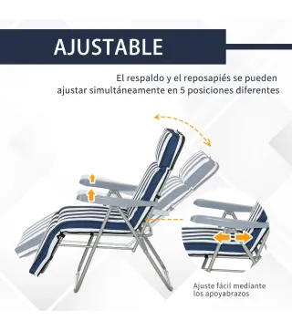2 Tumbonas de Jardín de Acero con Cojín Acolchado Respaldo Ajustable y Reposapiés 60x75x66-102 cm Azul y Blanco
