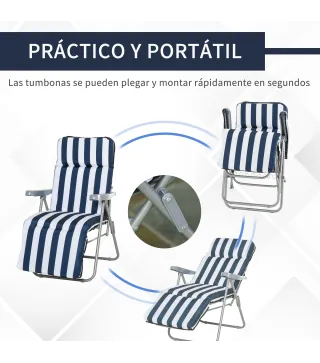 2 Tumbonas de Jardín de Acero con Cojín Acolchado Respaldo Ajustable y Reposapiés 60x75x66-102 cm Azul y Blanco