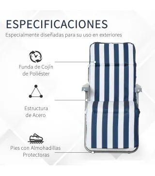 2 Tumbonas de Jardín de Acero con Cojín Acolchado Respaldo Ajustable y Reposapiés 60x75x66-102 cm Azul y Blanco