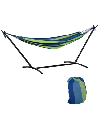 Hamaca con Soporte 310x117 cm para Camping con Altura Ajustable y Bolsa de Transporte Carga 120 kg Rayas Verdes y Azules