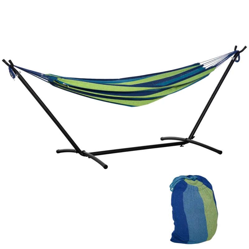 Hamaca con Soporte 310x117 cm para Camping con Altura Ajustable y Bolsa de Transporte Carga 120 kg Rayas Verdes y Azules