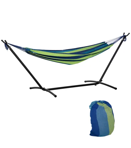 Hamaca con Soporte 310x117 cm para Camping con Altura Ajustable y Bolsa de Transporte Carga 120 kg Rayas Verdes y Azules