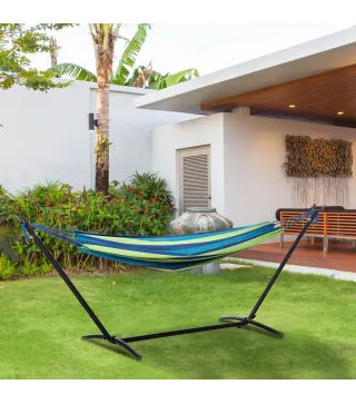 Hamaca con Soporte 310x117 cm para Camping con Altura Ajustable y Bolsa de Transporte Carga 120 kg Rayas Verdes y Azules
