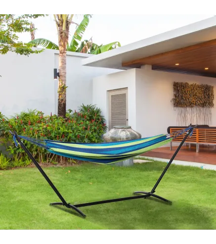 Hamaca con Soporte 310x117 cm para Camping con Altura Ajustable y Bolsa de Transporte Carga 120 kg Rayas Verdes y Azules