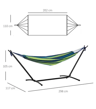 Hamaca con Soporte 310x117 cm para Camping con Altura Ajustable y Bolsa de Transporte Carga 120 kg Rayas Verdes y Azules