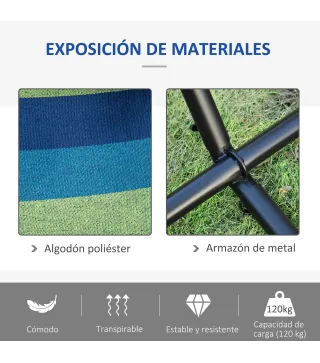Hamaca con Soporte 310x117 cm para Camping con Altura Ajustable y Bolsa de Transporte Carga 120 kg Rayas Verdes y Azules