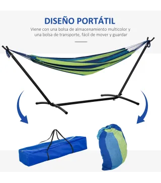 Hamaca con Soporte 310x117 cm para Camping con Altura Ajustable y Bolsa de Transporte Carga 120 kg Rayas Verdes y Azules