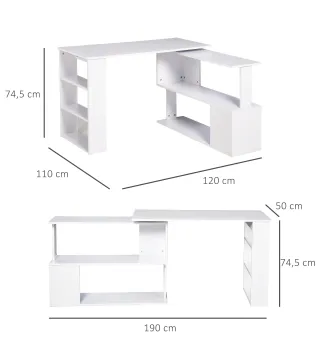 Escritorio Esquinero Giratorio, 120x110 cm, Escritorio en L, Mesa de Escritorio con Estantes, para Oficina en Casa, Estudio, Hog