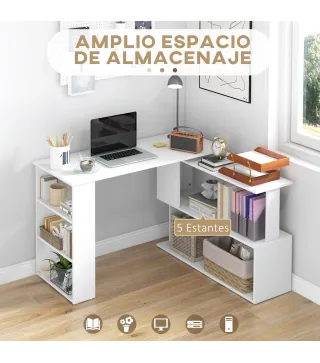Escritorio Esquinero Giratorio, 120x110 cm, Escritorio en L, Mesa de Escritorio con Estantes, para Oficina en Casa, Estudio, Hog