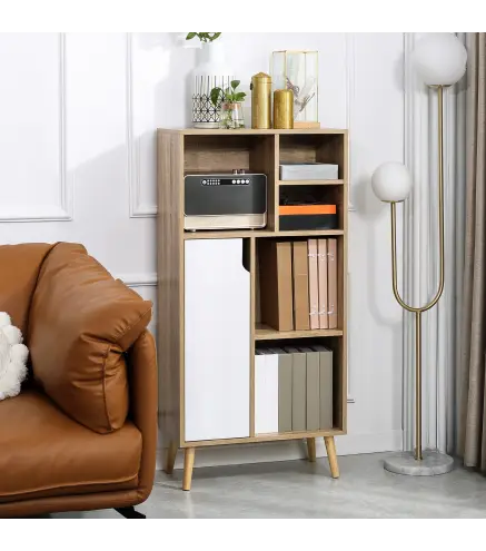 Mueble Aparador Alto Armario Auxiliar de Salón con 5 Compartimentos y 1 Puerta Multiusos para Comedor Cocina Dormitorio 60x30x12