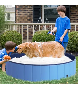 Piscina Plegable para Perros Gatos Ø140x30 cm Bañera Portátil para Mascotas PVC Antideslizante Múltiples Usos Color Azul