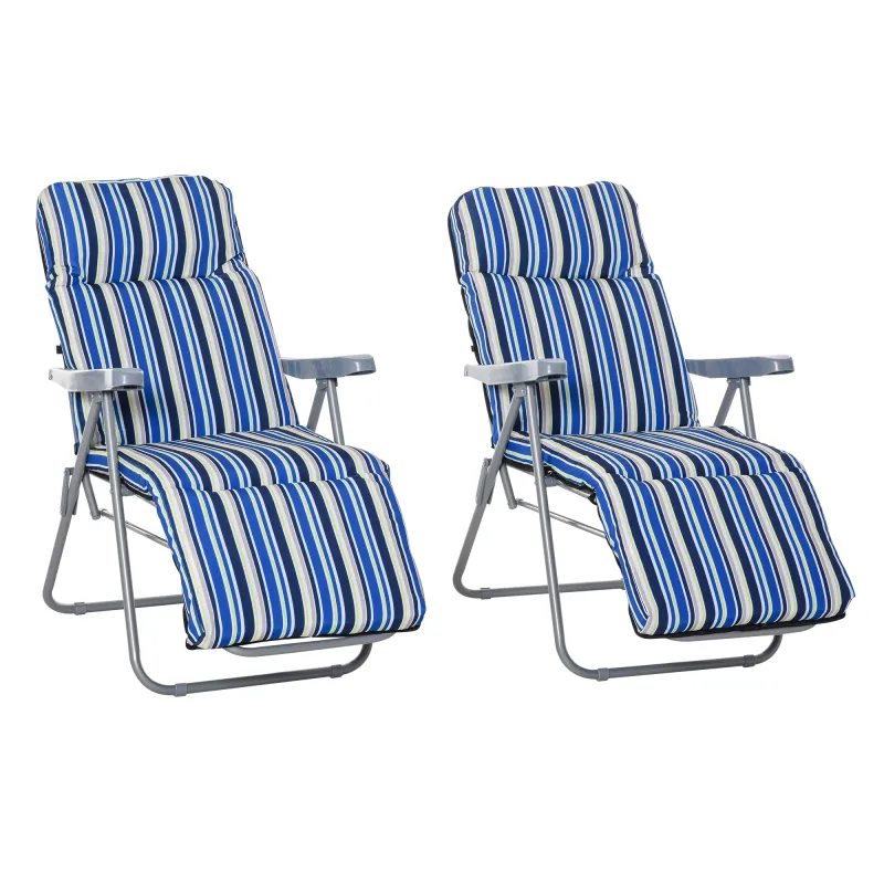 2 Tumbonas de Jardín de Acero con Cojín Acolchado Respaldo Ajustable y Reposapiés 60x75x65-102 cm Rayas Azul