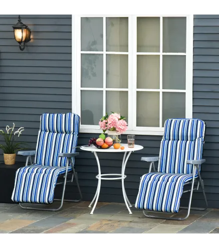 2 Tumbonas de Jardín de Acero con Cojín Acolchado Respaldo Ajustable y Reposapiés 60x75x65-102 cm Rayas Azul