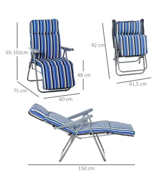 2 Tumbonas de Jardín de Acero con Cojín Acolchado Respaldo Ajustable y Reposapiés 60x75x65-102 cm Rayas Azul