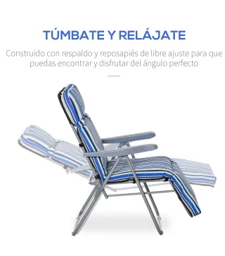 2 Tumbonas de Jardín de Acero con Cojín Acolchado Respaldo Ajustable y Reposapiés 60x75x65-102 cm Rayas Azul