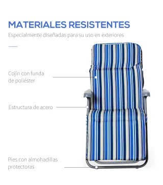 2 Tumbonas de Jardín de Acero con Cojín Acolchado Respaldo Ajustable y Reposapiés 60x75x65-102 cm Rayas Azul