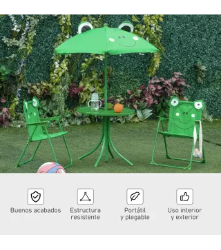 Set de Mesa y Sillas Infantil de Jardín Conjunto de Picnic Plegable para Niños Juego de Mesa con Sombrilla Ajustable en Altura d