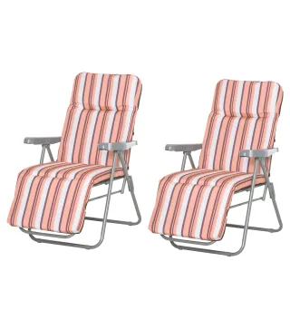2 Tumbonas de Jardín de Acero con Cojín Acolchado Respaldo Ajustable y Reposapiés 60x75x65-102 cm Rayas Naranja