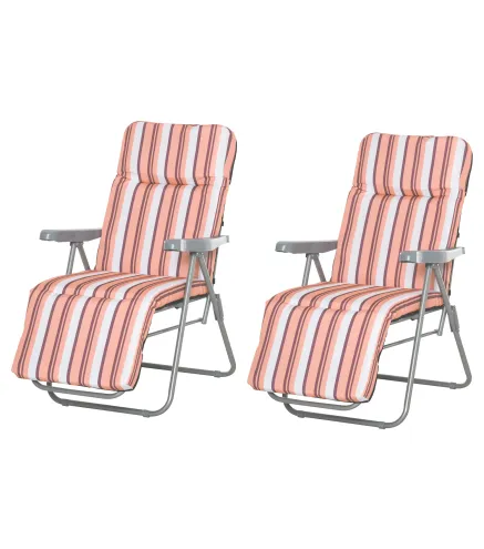 2 Tumbonas de Jardín de Acero con Cojín Acolchado Respaldo Ajustable y Reposapiés 60x75x65-102 cm Rayas Naranja