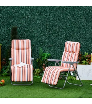 2 Tumbonas de Jardín de Acero con Cojín Acolchado Respaldo Ajustable y Reposapiés 60x75x65-102 cm Rayas Naranja