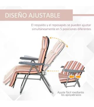 2 Tumbonas de Jardín de Acero con Cojín Acolchado Respaldo Ajustable y Reposapiés 60x75x65-102 cm Rayas Naranja