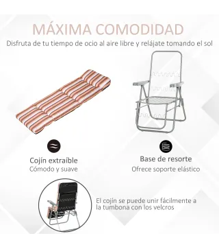 2 Tumbonas de Jardín de Acero con Cojín Acolchado Respaldo Ajustable y Reposapiés 60x75x65-102 cm Rayas Naranja