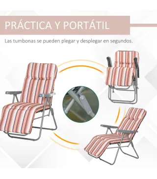 2 Tumbonas de Jardín de Acero con Cojín Acolchado Respaldo Ajustable y Reposapiés 60x75x65-102 cm Rayas Naranja