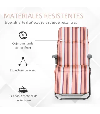 2 Tumbonas de Jardín de Acero con Cojín Acolchado Respaldo Ajustable y Reposapiés 60x75x65-102 cm Rayas Naranja