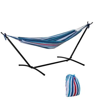 Hamaca con Soporte 310x117cm para Camping con Altura Ajustable y Bolsa de Transporte Carga 120 kg Rayas Azul y Blanco