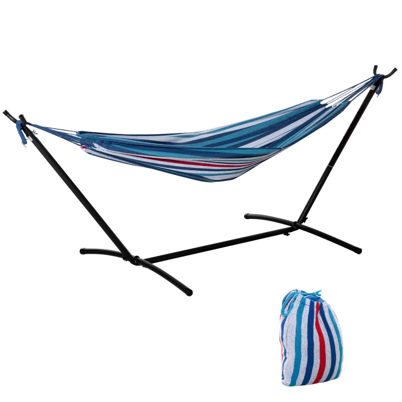 Hamaca con Soporte 310x117cm para Camping con Altura Ajustable y Bolsa de Transporte Carga 120 kg Rayas Azul y Blanco