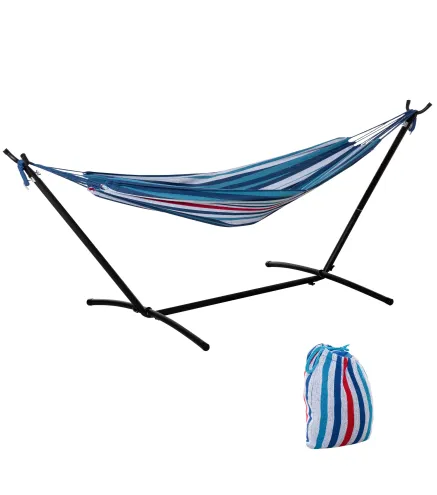 Hamaca con Soporte 310x117cm para Camping con Altura Ajustable y Bolsa de Transporte Carga 120 kg Rayas Azul y Blanco