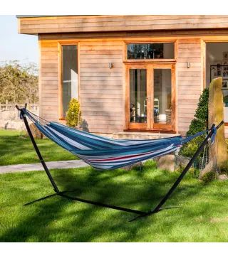 Hamaca con Soporte 310x117cm para Camping con Altura Ajustable y Bolsa de Transporte Carga 120 kg Rayas Azul y Blanco