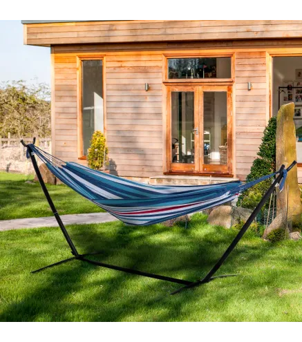 Hamaca con Soporte 310x117cm para Camping con Altura Ajustable y Bolsa de Transporte Carga 120 kg Rayas Azul y Blanco