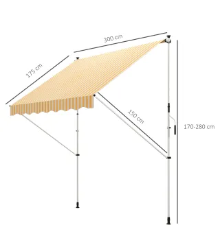 Toldo Manual Retráctil 300x150x170-280 cm con Altura Ajustable Manivela y Protección Solar para Terraza Naranja