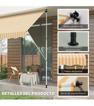 Toldo Manual Retráctil 300x150x170-280 cm con Altura Ajustable Manivela y Protección Solar para Terraza Naranja