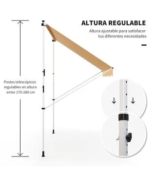 Toldo Manual Retráctil 300x150x170-280 cm con Altura Ajustable Manivela y Protección Solar para Terraza Naranja