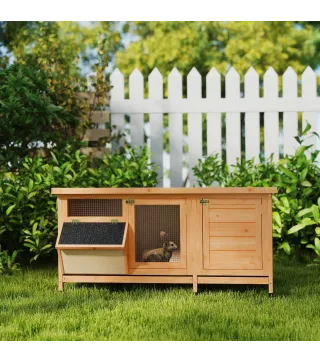 Jaula para Conejos con Techo Asfáltico Abatible Puertas con Pestillo Bandejas Extraíbles Comedero 112x50x54 cm Amarillo