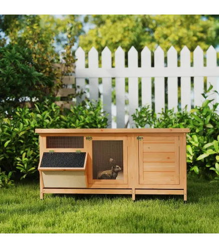 Jaula para Conejos con Techo Asfáltico Abatible Puertas con Pestillo Bandejas Extraíbles Comedero 112x50x54 cm Amarillo