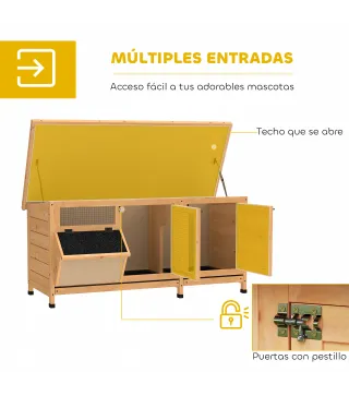 Jaula para Conejos con Techo Asfáltico Abatible Puertas con Pestillo Bandejas Extraíbles Comedero 112x50x54 cm Amarillo
