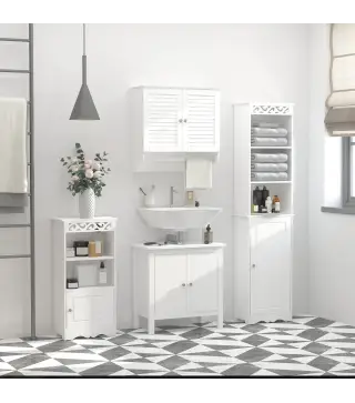 Armario Baño de Pared con 2 Puertas de Persiana Estante Interior y Barra de Toallero Mueble Auxiliar Suspendido Moderno Multiuso