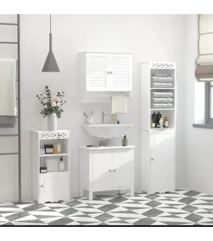 Armario Baño de Pared con 2 Puertas de Persiana Estante Interior y Barra de Toallero Mueble Auxiliar Suspendido Moderno