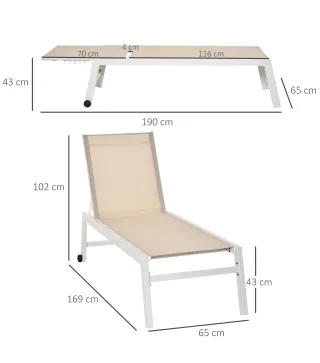 Tumbona de Jardín de Aluminio Tumbona Exterior con Respaldo Reclinable en 5 Posiciones Carga 120 kg 169x65x102 cm Beige