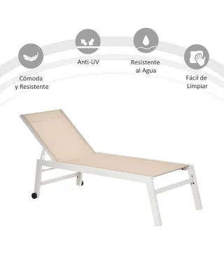 Tumbona de Jardín de Aluminio Tumbona Exterior con Respaldo Reclinable en 5 Posiciones Carga 120 kg 169x65x102 cm Beige