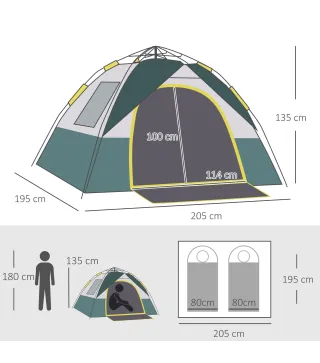 Tienda Camping Plegable con 1 Puerta 3 Ventanas Bolsa de Transporte y Apertura Automática 205x195x135 cm Verde
